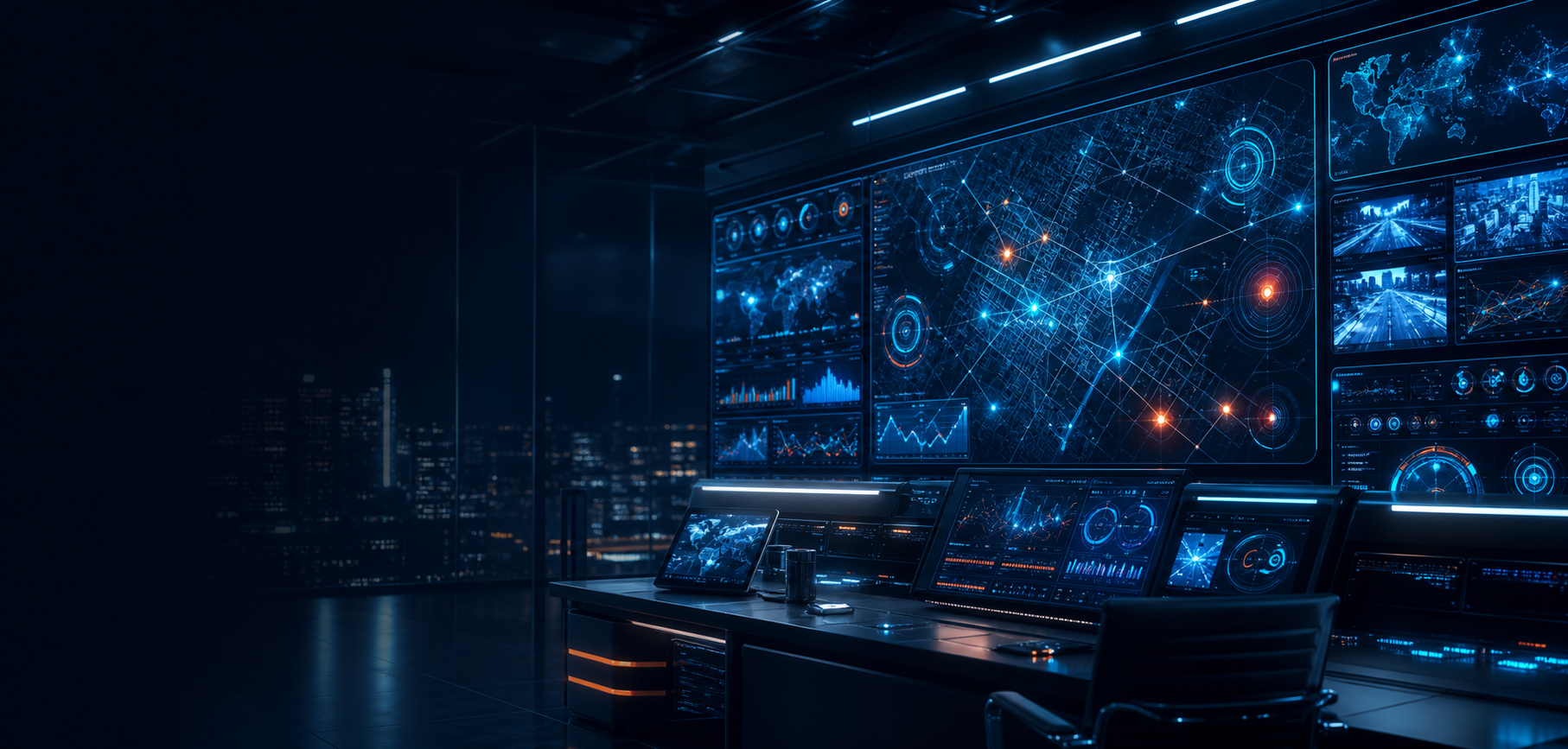 Salle de contrôle futuriste avec tableaux de bord de sécurité et signaux IA.